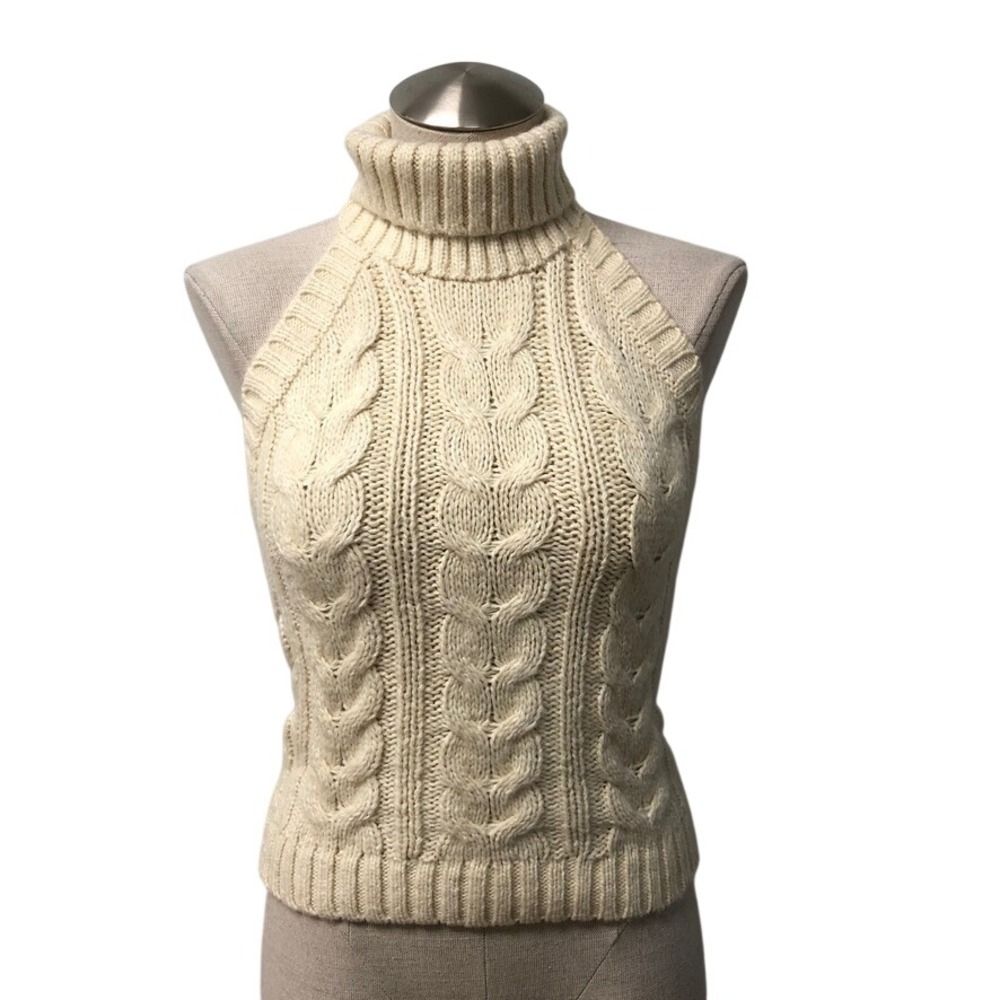 Dynamite Halter Sweater Womens XS Cream Cable Knit Turtleneck Open Back Preppy
